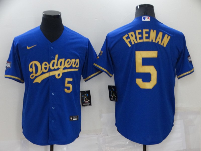 Men's Los Angeles Dodgers #5 Freddie Freeman Royal Gold Cool Base Stitched Baseball Jersey Men's Los Angeles Dodgers #5 Freddie Freeman Royal Gold Cool Base Stitched Baseball Jersey